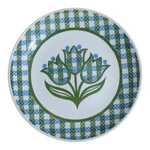 Vintage Cavalier Dinner Plate Stoneware Tulips w/Plaid Rim Blue Green USA 10"
